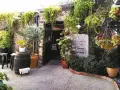 Entrada a un restaurante con vegetación exuberante. Un cartel dice "Restaurante A fuego lento". Ideal para saber donde comer en Hervás.