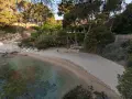 Tranquila cala del pi con arena dorada y aguas cristalinas, rodeada de pinos y vegetación exuberante.