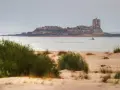 Ruinas de Sancti Petri que ver: castillo en isla rocosa, mar y dunas con vegetación. Un barco navega cerca.