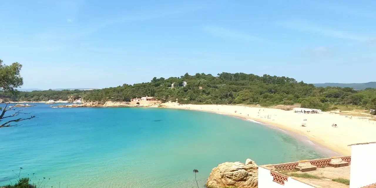 Vista panorámica de la platja de Castell, con aguas turquesas cristalinas y una playa de arena dorada bordeada de pinos.