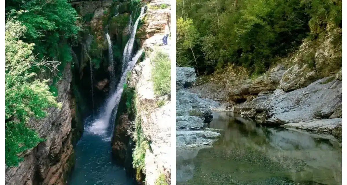 Cascadas y río en el **Cañón de Añisclo**, un paraje natural de gran belleza con rocas y vegetación exuberante.