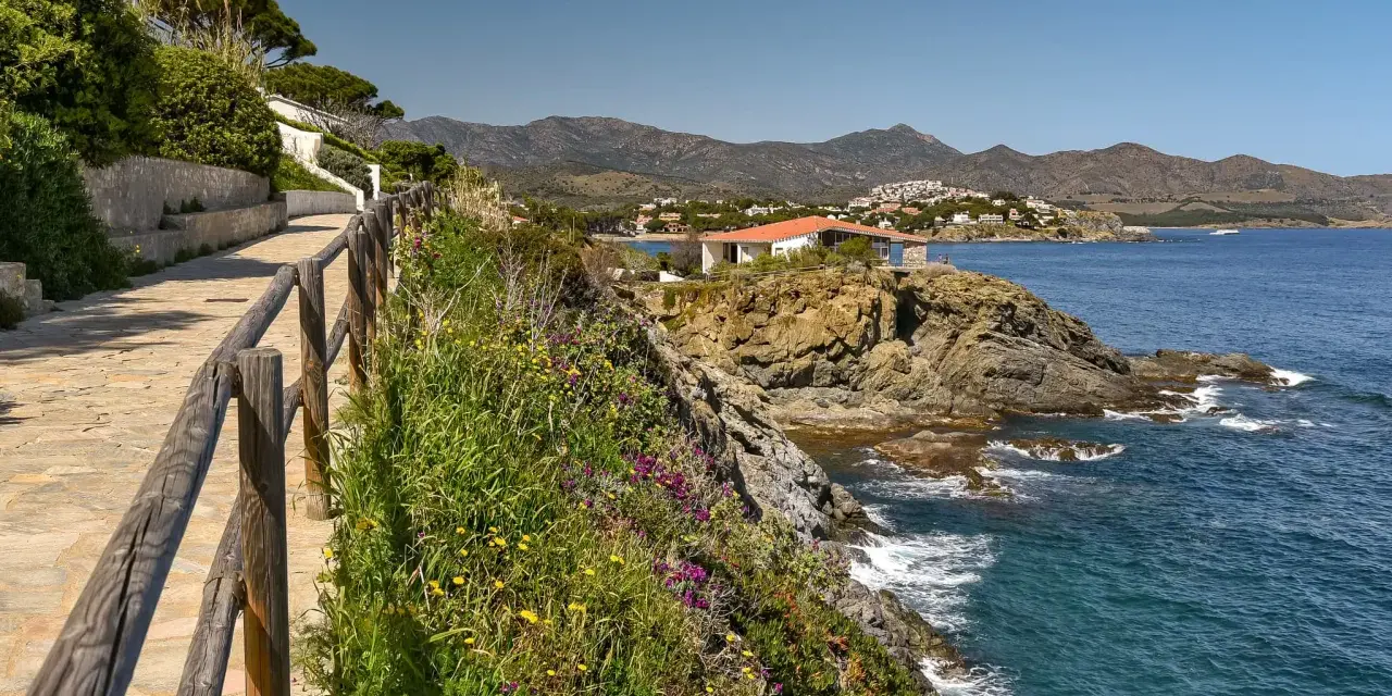 Un sendero de piedra bordea la costa, con flores silvestres y un mar azul. El cami de ronda costa brava ofrece vistas espectaculares.