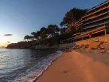 Atardecer dorado en la playa, con olas suaves lamiendo la arena. Al fondo, la silueta de la playa torre valentina se alza entre pinos.
