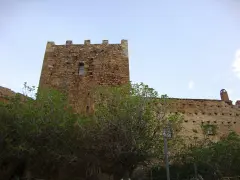 Castillo de piedra con almenas y vegetación frondosa delante.
