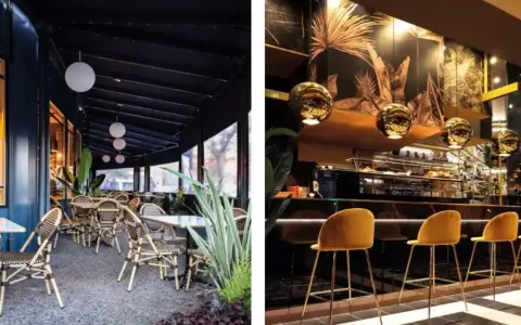 Terraza y barra de bar con decoración tropical. Un lugar ideal donde comer en Zaragoza con estilo.