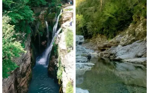 Cascadas y río en el **Cañón de Añisclo**, un paraje natural de gran belleza con rocas y vegetación exuberante.