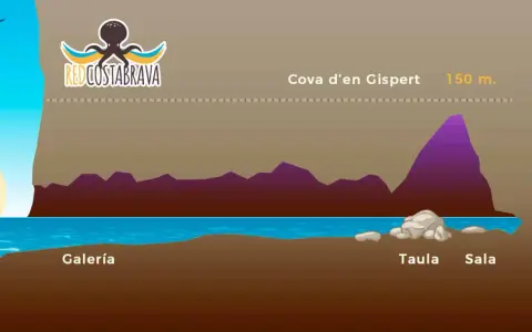 Ilustración de la Cova d'en Gispert, una cueva en la Costa Brava, con sus galerías y salas.