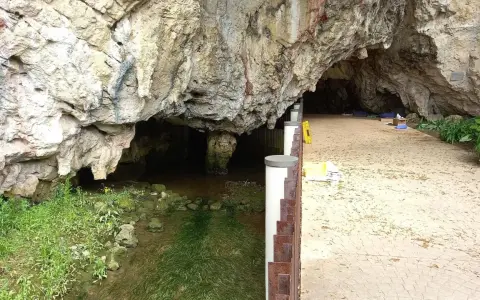 Entrada a una cueva con un arroyo y vegetación. Un camino pavimentado invita a explorar qué ver en Ribadesella.