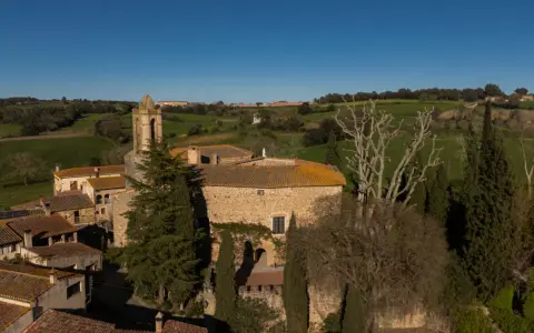 El castell de Gala, con su torre campanario, se alza entre tejados y vegetación, rodeado de verdes colinas bajo un cielo azul.
