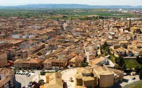 Vista aérea de un pueblo español con tejados de teja, donde se alza la torre de una iglesia. La **ejea de los caballeros** se extiende hasta el horizonte.