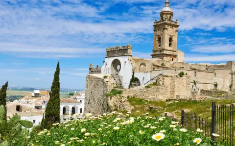 Descubre qué ver en Medina Sidonia: ruinas de un castillo, una iglesia con torre campanario y un campo de margaritas bajo un cielo azul.