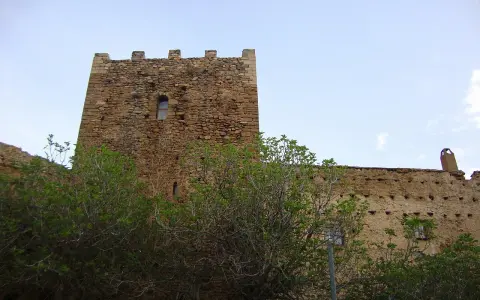 Castillo de piedra con almenas y vegetación frondosa delante.