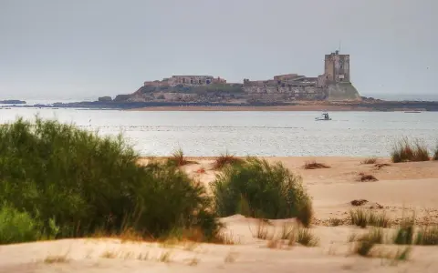 Ruinas de Sancti Petri que ver: castillo en isla rocosa, mar y dunas con vegetación. Un barco navega cerca.