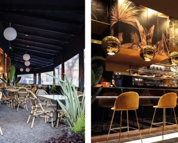 Terraza y barra de bar con decoración tropical. Un lugar ideal donde comer en Zaragoza con estilo.
