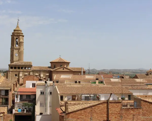 Vista aérea de un pueblo con tejados de teja, destacando una torre de iglesia con reloj. Hay mucho que ver en este pintoresco lugar.