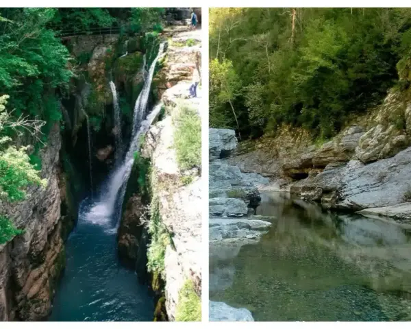 Cascadas y río en el **Cañón de Añisclo**, un paraje natural de gran belleza con rocas y vegetación exuberante.
