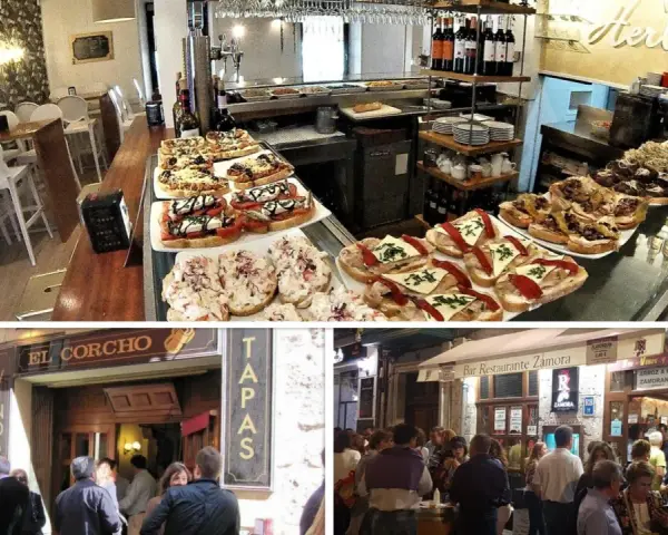 Variedad de tapas y pinchos en Valladolid. El Corcho y Bar Restaurante Zamora son excelentes opciones donde comer en Valladolid.