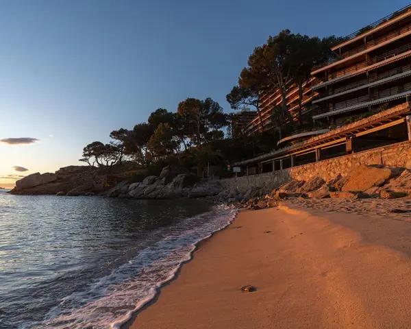 Atardecer dorado en la playa, con olas suaves lamiendo la arena. Al fondo, la silueta de la playa torre valentina se alza entre pinos.