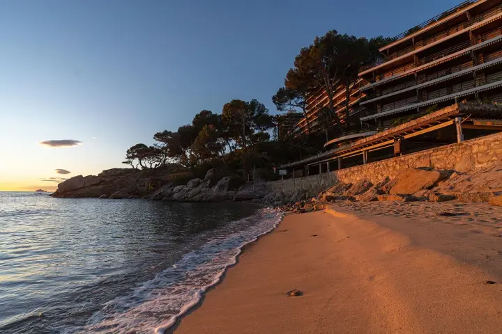 Atardecer dorado en la playa, con olas suaves lamiendo la arena. Al fondo, la silueta de la playa torre valentina se alza entre pinos.