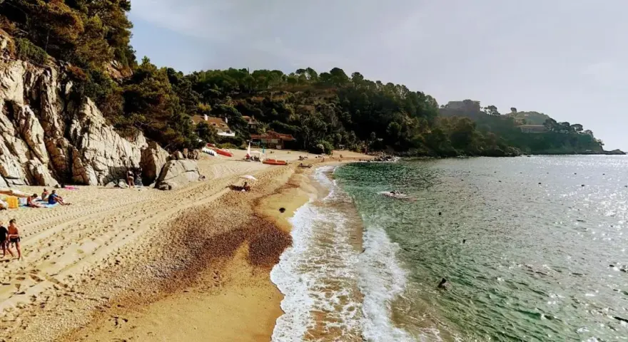Playa de Santa Maria de Llorell con rocas, pinos y gente disfrutando del sol y el mar.
