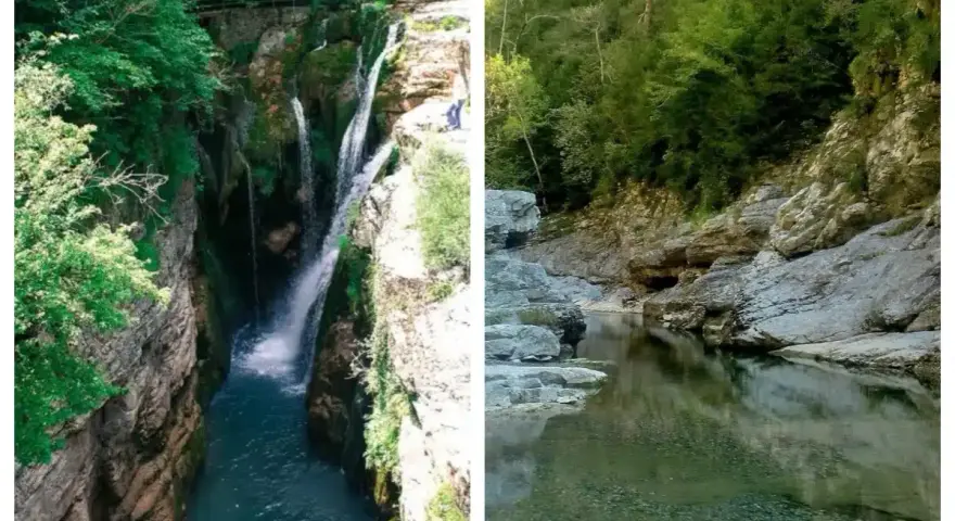 Cascadas y río en el **Cañón de Añisclo**, un paraje natural de gran belleza con rocas y vegetación exuberante.