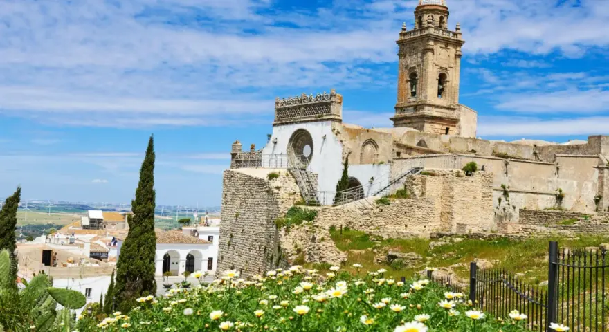 Descubre qué ver en Medina Sidonia: ruinas de un castillo, una iglesia con torre campanario y un campo de margaritas bajo un cielo azul.