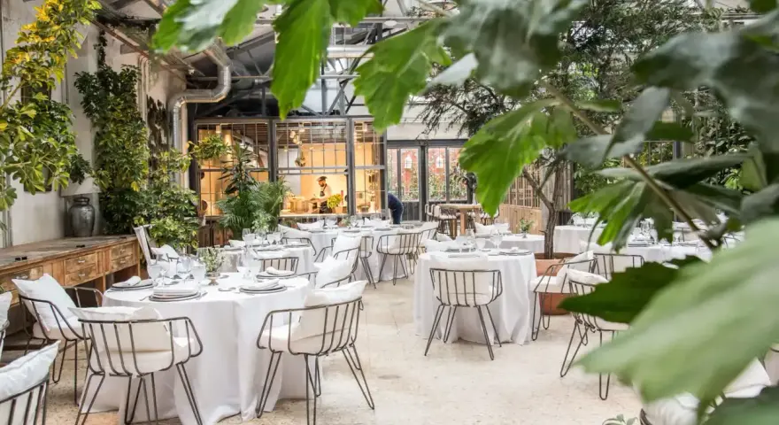 Mesas elegantemente puestas en un invernadero con vegetación exuberante. Un lugar ideal para saber donde comer en Madrid.