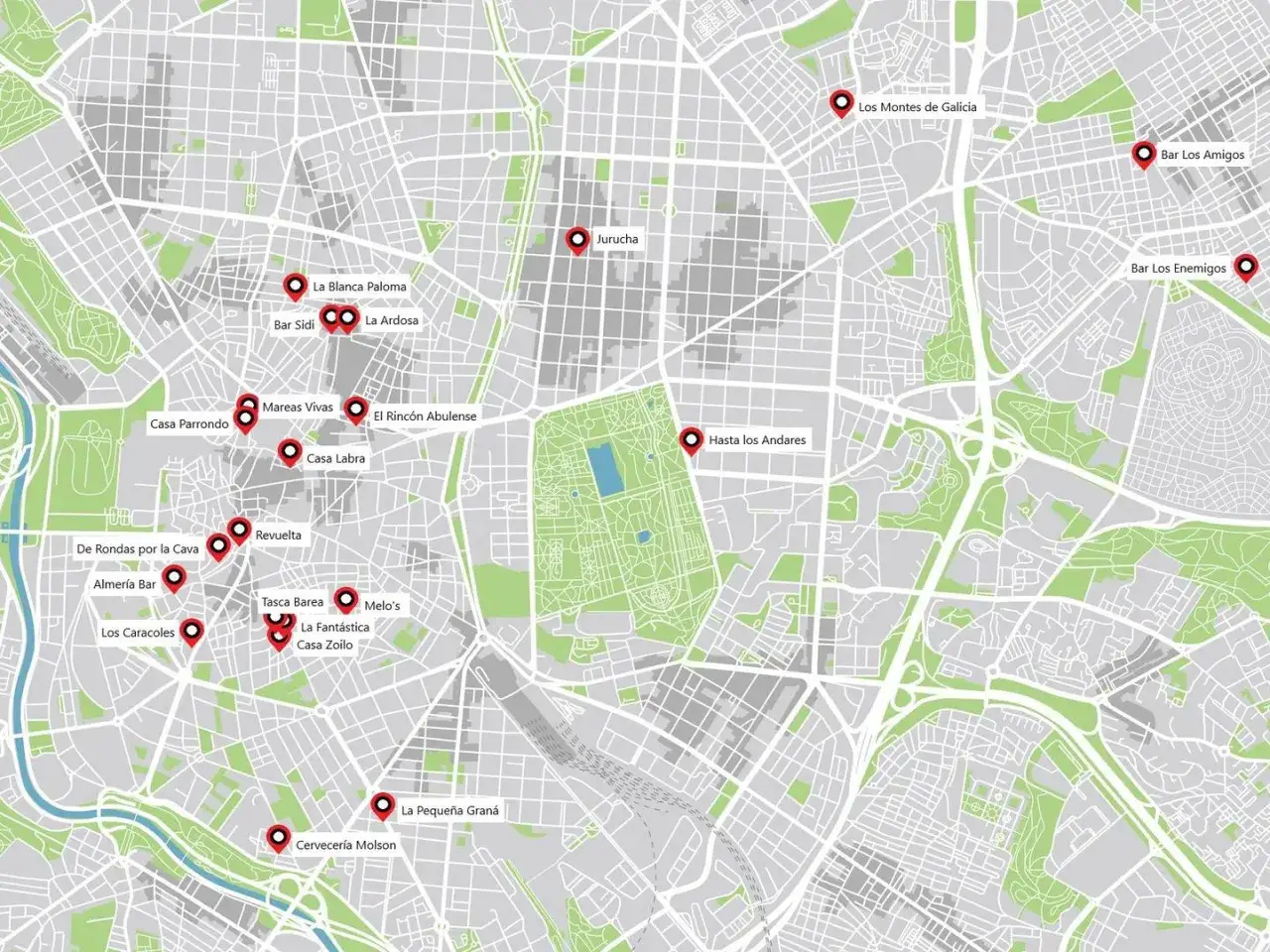 Mapa de Madrid con puntos rojos indicando lugares para comer. Descubre dónde comer en Madrid con esta guía visual de bares y restaurantes.