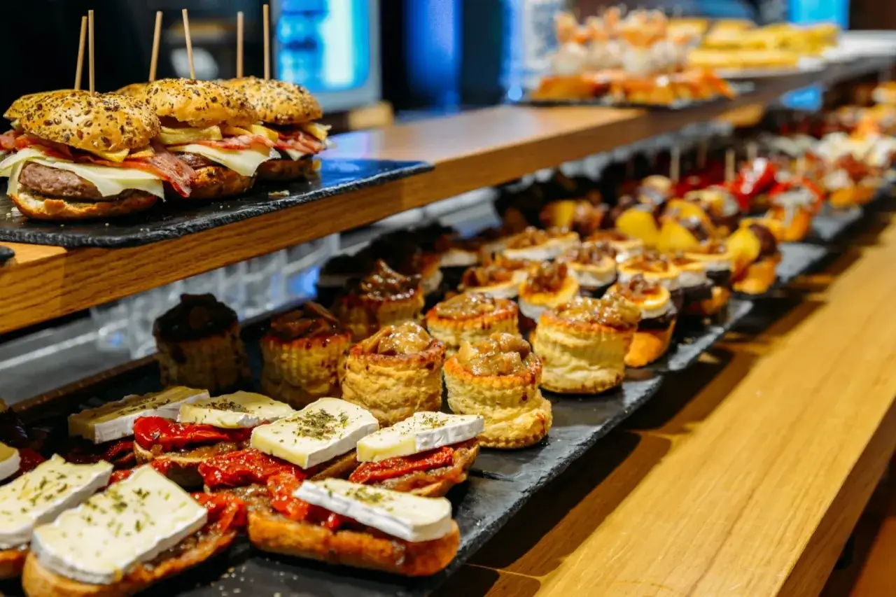 Variedad de pintxos y mini hamburguesas, perfectos para descubrir dónde comer en Vitoria.