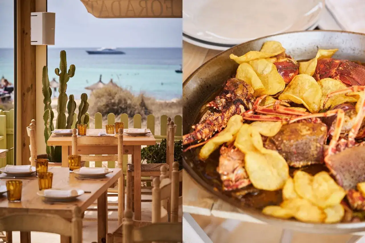 Mesas listas en restaurantes de Formentera con vistas al mar y un delicioso plato de langosta con patatas fritas.