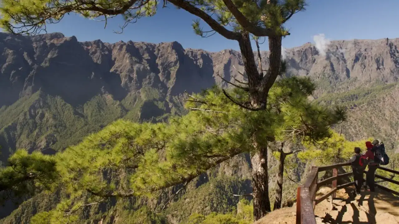 Un mirador con vistas a un paisaje monta&ntilde;oso y frondoso. Tres personas observan el horizonte, un ejemplo de que ver en La Palma.